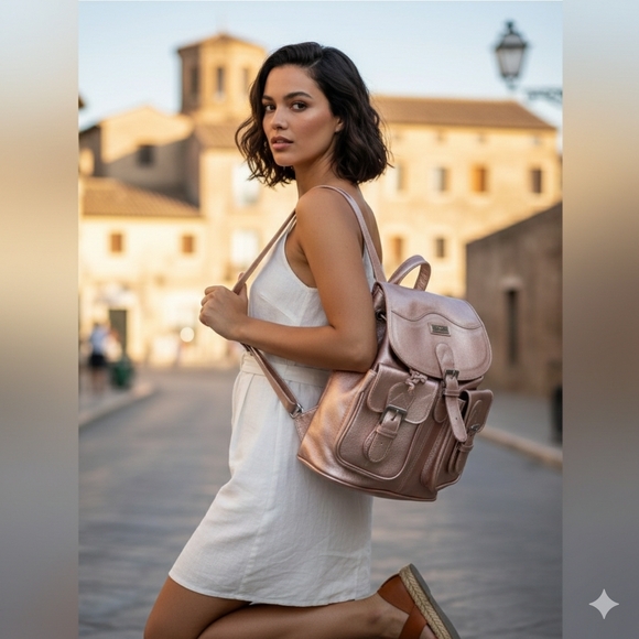 Two Pretty Handbags - Leather Convertible Backpack Rose Gold With Tri Fold Wallet Combo